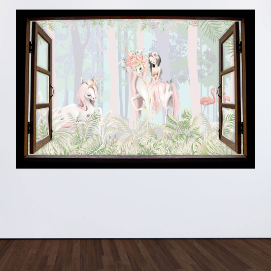 Adesivo Murale - Illusione ottica - Finestra in legno per Bambini - Ragazza e unicorni