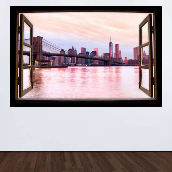 Adesivo Murale - Illusione ottica - Finestra in legno - Ponte New York
