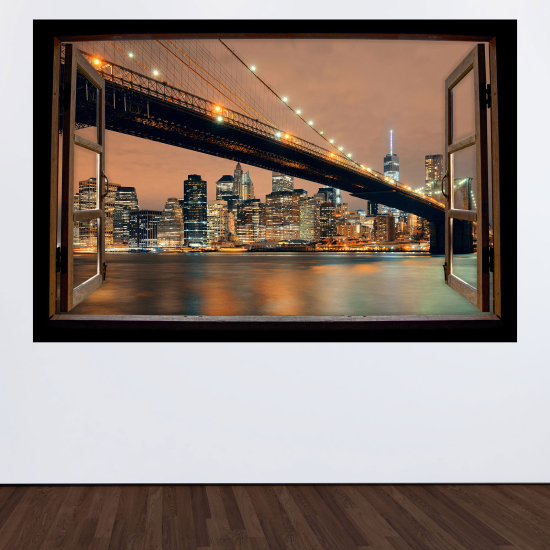 Adesivo Murale - Illusione ottica - Finestra in legno - Ponte New York