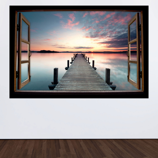 Adesivo Murale - Illusione ottica - Finestra in legno - Pontile al tramonto