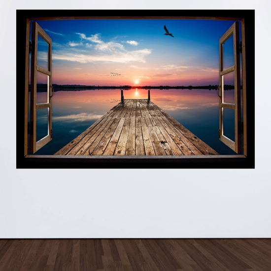 Adesivo Murale - Illusione ottica - Finestra in legno - Pontile al tramonto