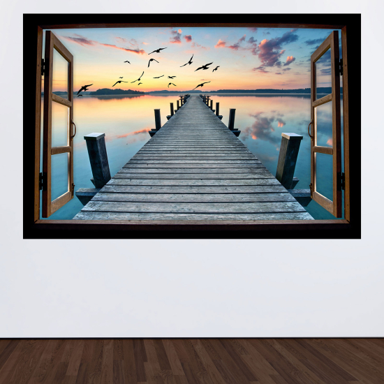 Adesivo Murale - Illusione ottica - Finestra in legno - Pontile al tramonto