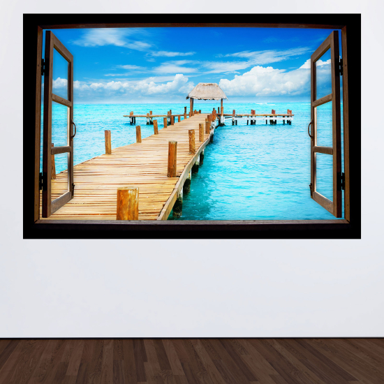 Adesivo Murale - Illusione ottica - Finestra in legno - Pontone paradisiaco