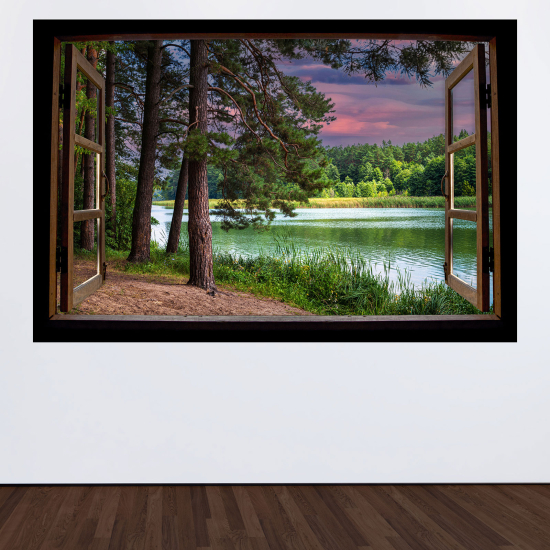 Adesivo Murale - Illusione ottica - Finestra in legno - Riva del lago