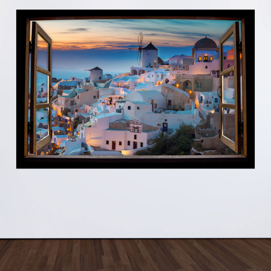 Adesivo Murale - Illusione ottica - Finestra in legno - Santorini