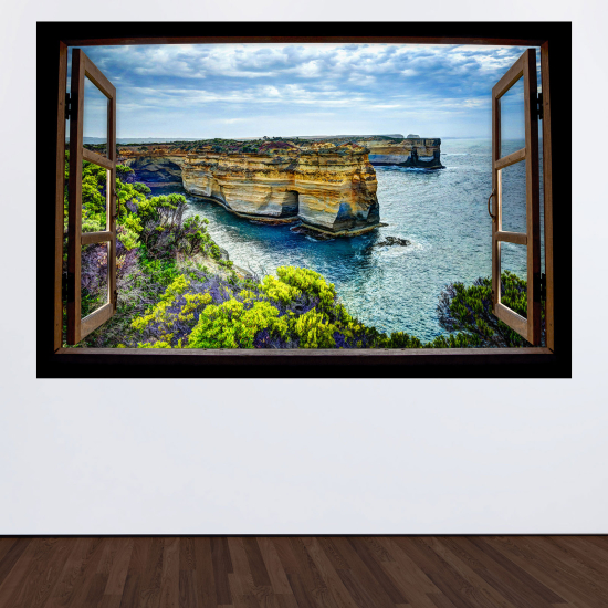 Adesivo Murale - Illusione ottica - Finestra in legno - Scogliere