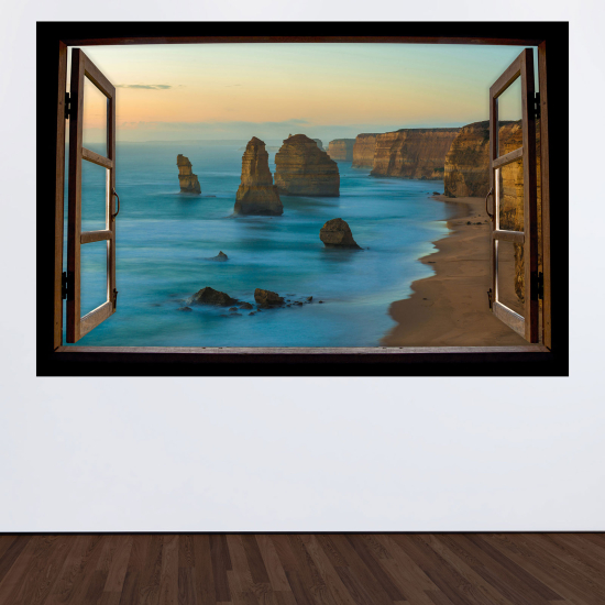 Adesivo Murale - Illusione ottica - Finestra in legno - Scogliere