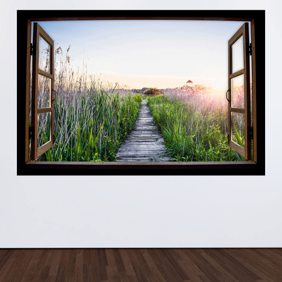 Adesivo Murale - Illusione ottica - Finestra in legno - Sentiero
