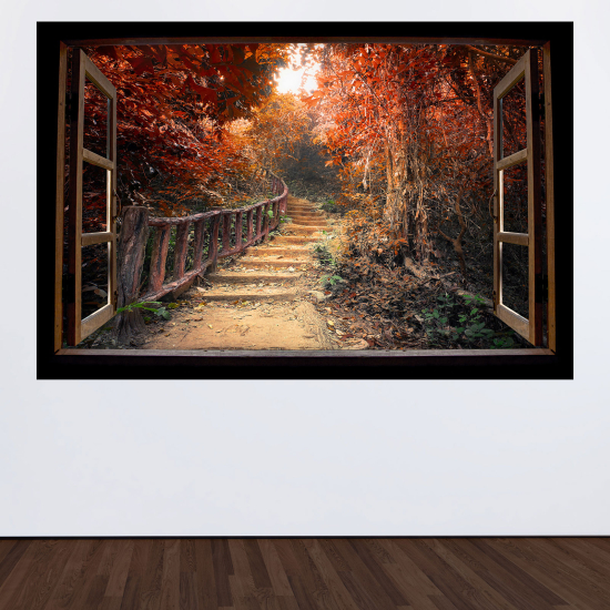 Adesivo Murale - Illusione ottica - Finestra in legno - Sentiero