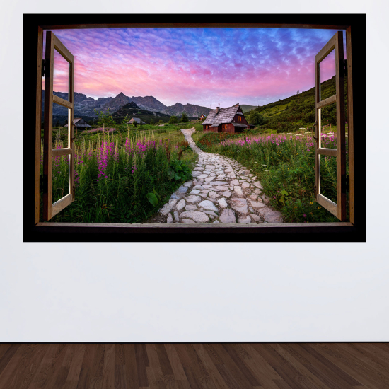 Adesivo Murale - Illusione ottica - Finestra in legno - Sentiero