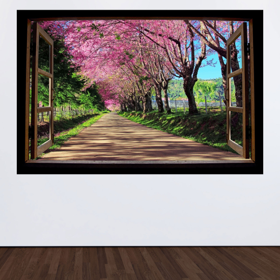Adesivo Murale - Illusione ottica - Finestra in legno - Sentiero alberi foglie rosa