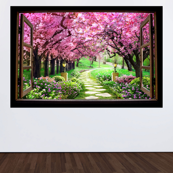 Adesivo Murale - Illusione ottica - Finestra in legno - Sentiero alberi foglie rosa