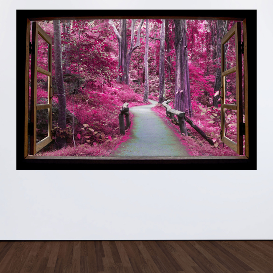 Adesivo Murale - Illusione ottica - Finestra in legno - Sentiero alberi rosa