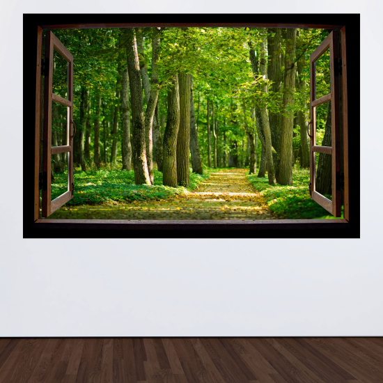 Adesivo Murale - Illusione ottica - Finestra in legno - Sentiero foresta