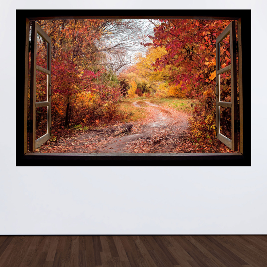 Adesivo Murale - Illusione ottica - Finestra in legno - Sentiero foresta