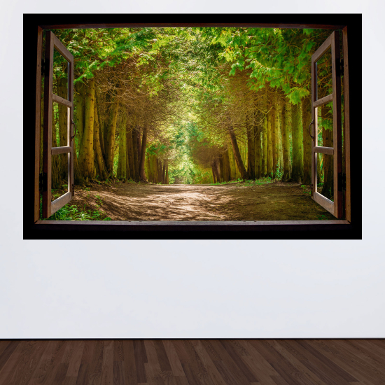 Adesivo Murale - Illusione ottica - Finestra in legno - Sentiero foresta