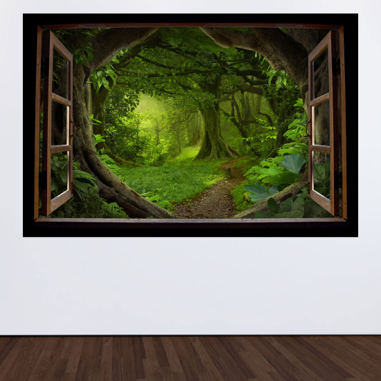 Adesivo Murale - Illusione ottica - Finestra in legno - Sentiero foresta