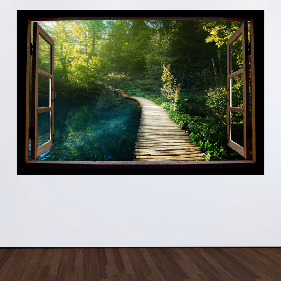 Adesivo Murale - Illusione ottica - Finestra in legno - Sentiero foresta