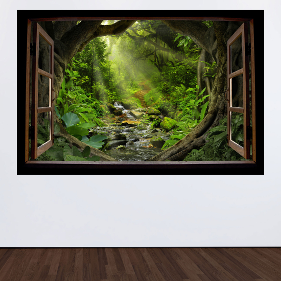 Adesivo Murale - Illusione ottica - Finestra in legno - Sentiero foresta