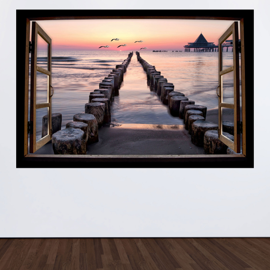Adesivo Murale - Illusione ottica - Finestra in legno - Sentiero mare