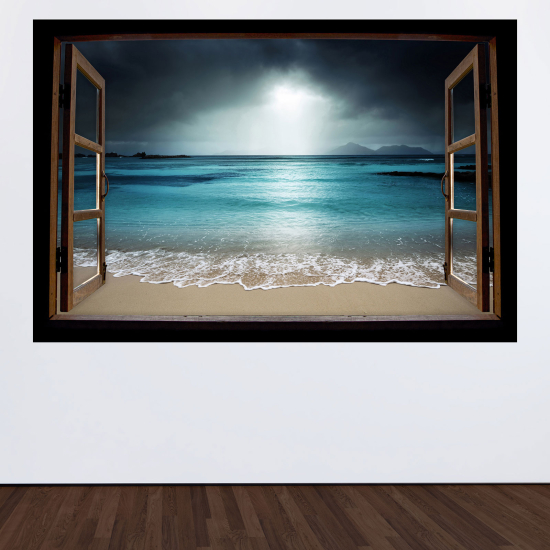 Adesivo Murale - Illusione ottica - Finestra in legno - Spiaggia