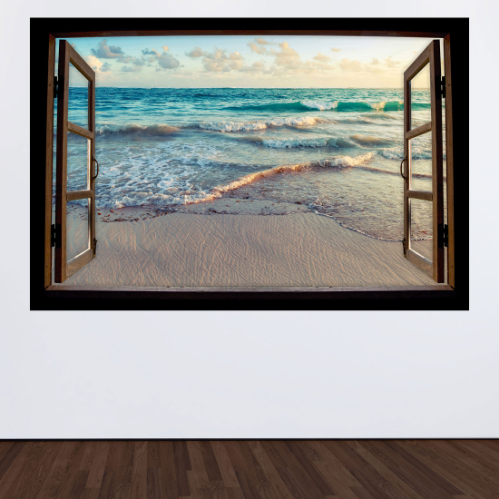 Adesivo Murale - Illusione ottica - Finestra in legno - Spiaggia