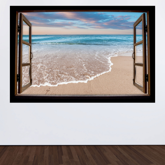 Adesivo Murale - Illusione ottica - Finestra in legno - Spiaggia