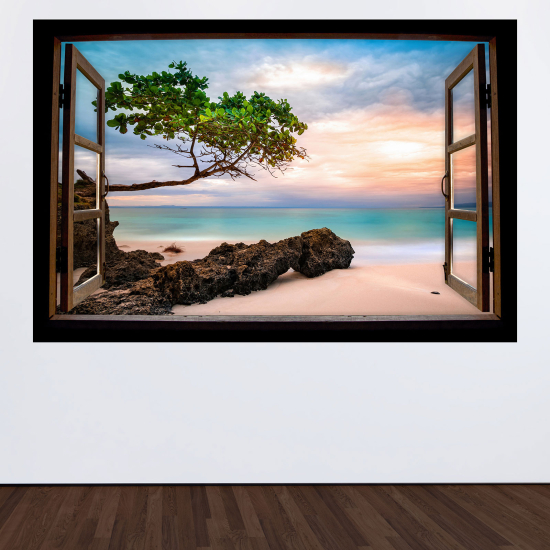 Adesivo Murale - Illusione ottica - Finestra in legno - Spiaggia
