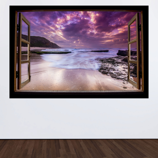 Adesivo Murale - Illusione ottica - Finestra in legno - Spiaggia