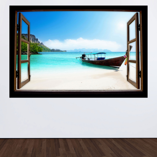 Adesivo Murale - Illusione ottica - Finestra in legno - Thailandia