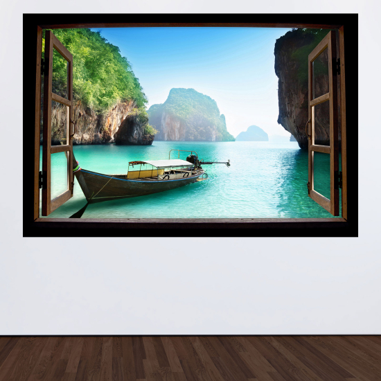 Adesivo Murale - Illusione ottica - Finestra in legno - Thailandia