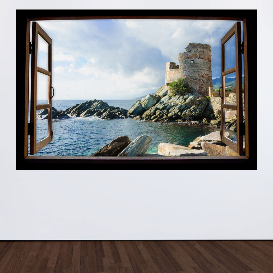 Adesivo Murale - Illusione ottica - Finestra in legno - Torre Genovese
