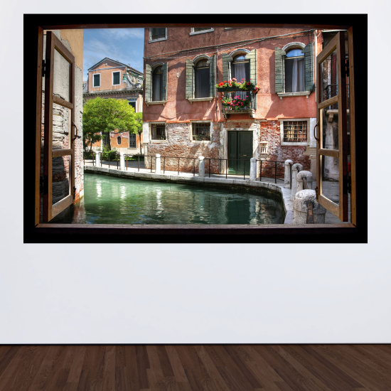 Adesivo Murale - Illusione ottica - Finestra in legno - Venezia