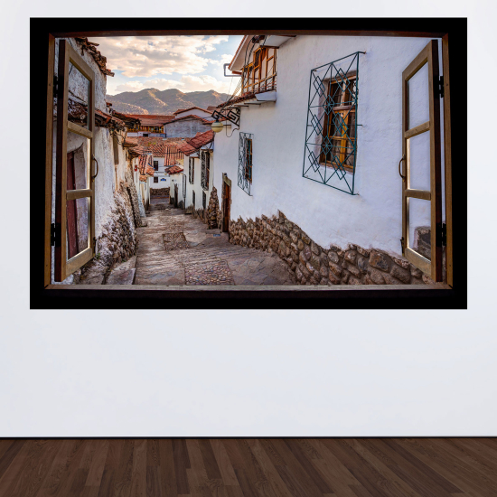Adesivo Murale - Illusione ottica - Finestra in legno - Vicolo
