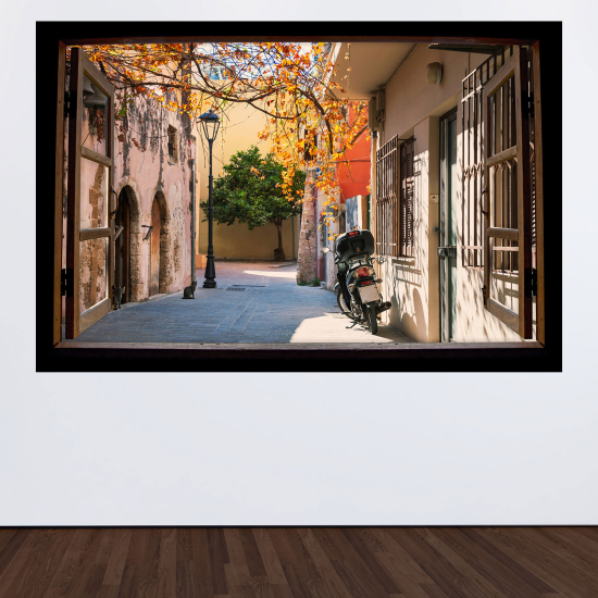 Adesivo Murale - Illusione ottica - Finestra in legno - Vicolo