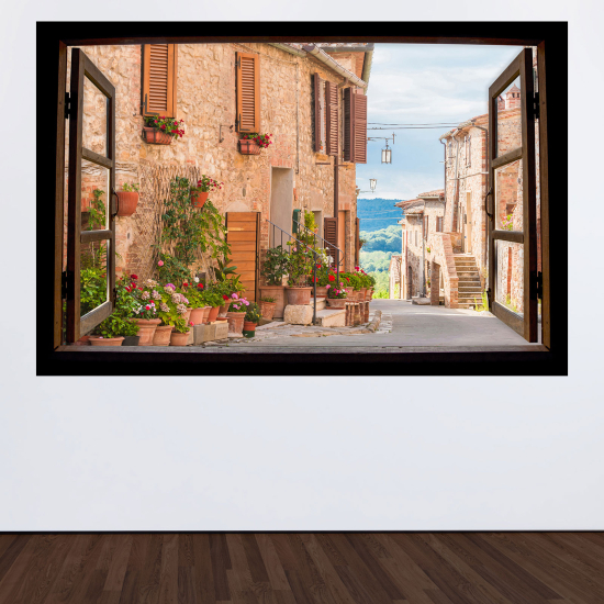 Adesivo Murale - Illusione ottica - Finestra in legno - Vicolo del villaggio