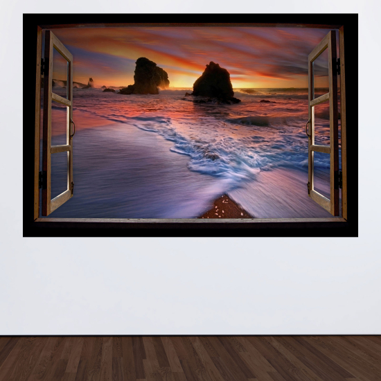 Adesivo Murale - Illusione ottica - Finestra in legno - Vista mare