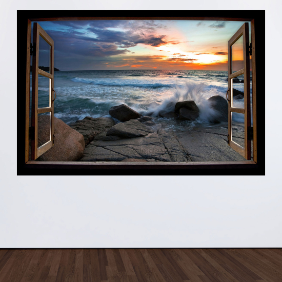 Adesivo Murale - Illusione ottica - Finestra in legno - Vista mare