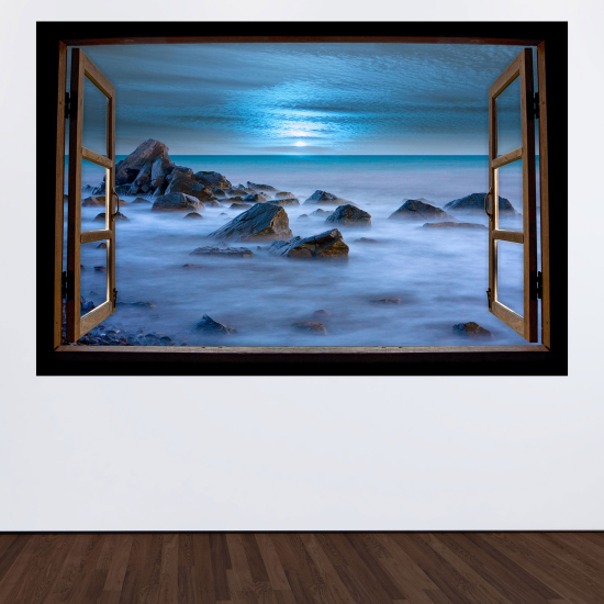 Adesivo Murale - Illusione ottica - Finestra in legno - Vista mare