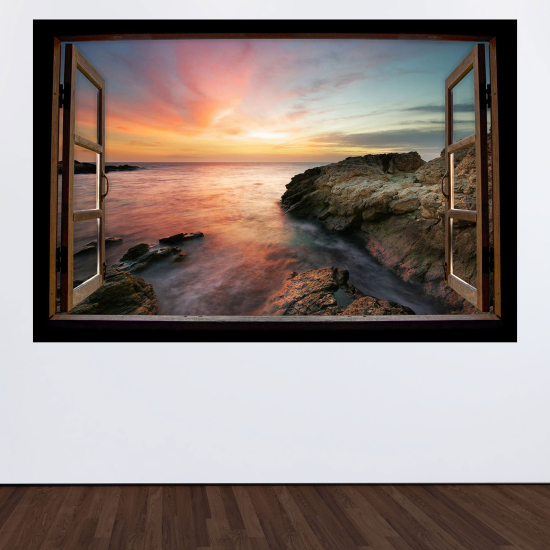 Adesivo Murale - Illusione ottica - Finestra in legno - Vista mare
