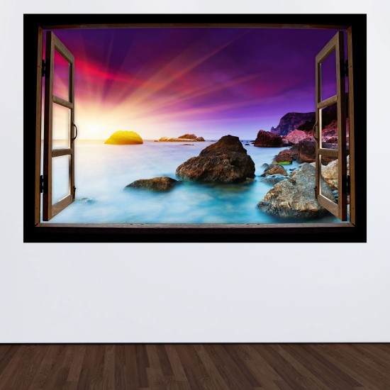 Adesivo Murale - Illusione ottica - Finestra in legno - Vista mare