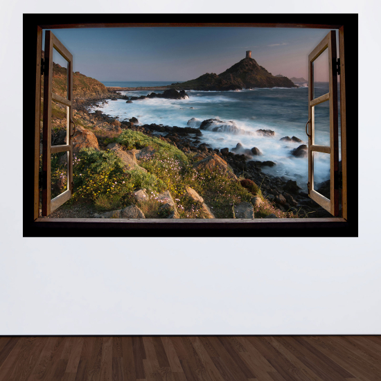 Adesivo Murale - Illusione ottica - Finestra in legno - Vista mare