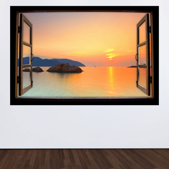 Adesivo Murale - Illusione ottica - Finestra in legno - Vista mare