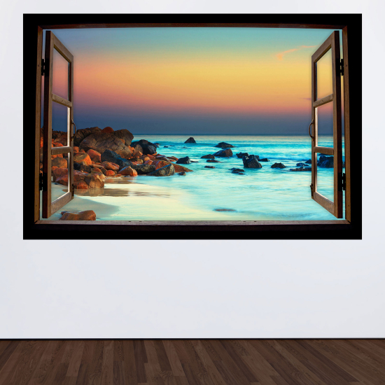 Adesivo Murale - Illusione ottica - Finestra in legno - Vista mare