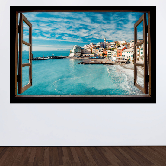 Adesivo Murale - Illusione ottica - Finestra in legno - Vista mare
