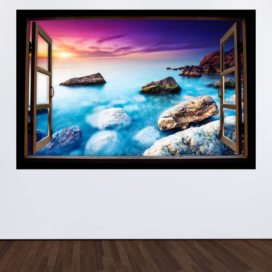 Adesivo Murale - Illusione ottica - Finestra in legno - Vista mare