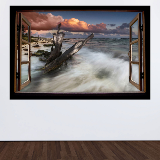 Adesivo Murale - Illusione ottica - Finestra in legno - Vista mare