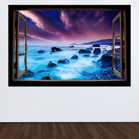 Adesivo Murale - Illusione ottica - Finestra in legno - Vista mare