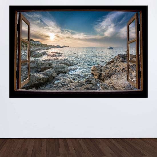 Adesivo Murale - Illusione ottica - Finestra in legno - Vista mare