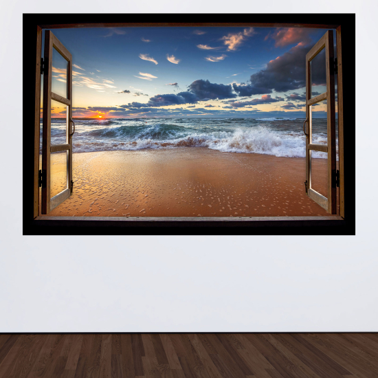 Adesivo Murale - Illusione ottica - Finestra in legno - Vista mare